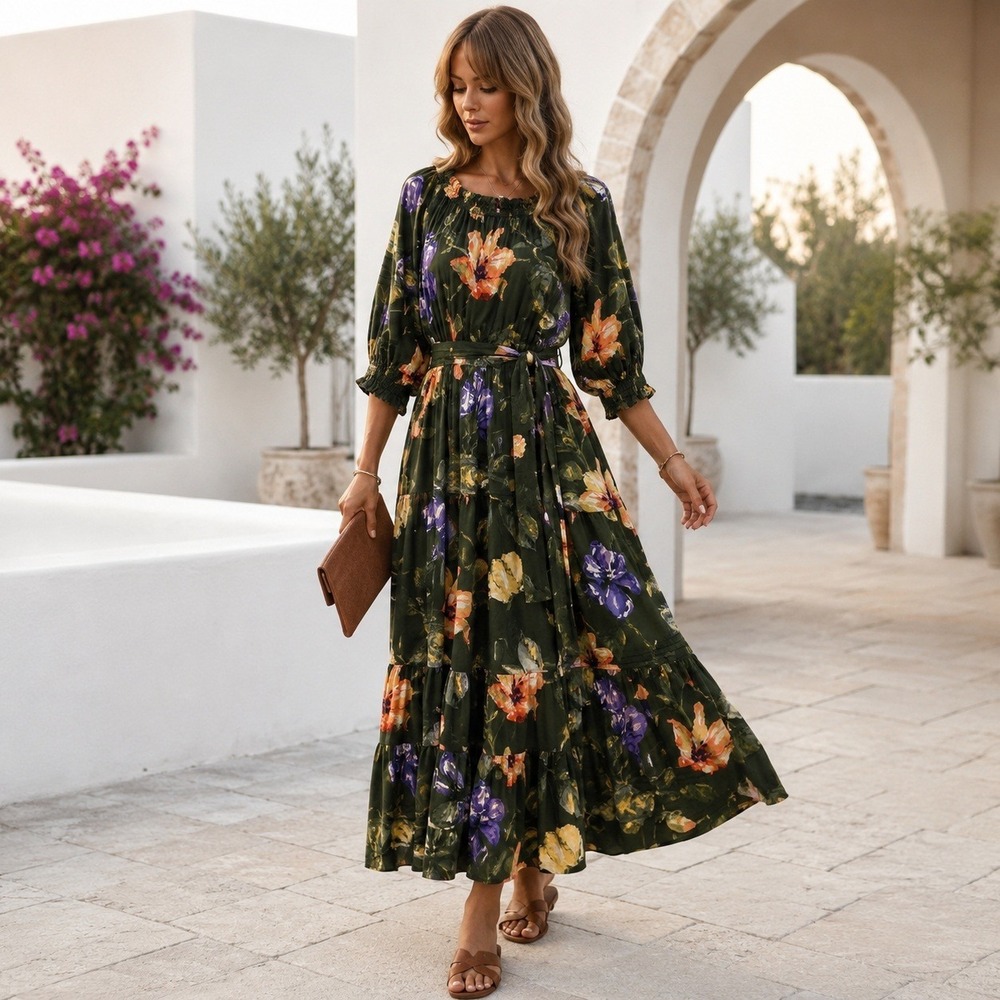 Lauren Ralph Lauren Dark Green Floral Tiered Peasant Long-Sleeve Dress chiffon L